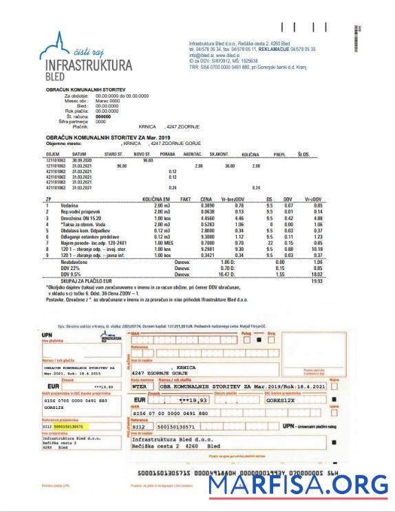 Downloadable Slovenia Infrastruktura Bled utility bill template in Word and PDF format (.doc and .pdf)